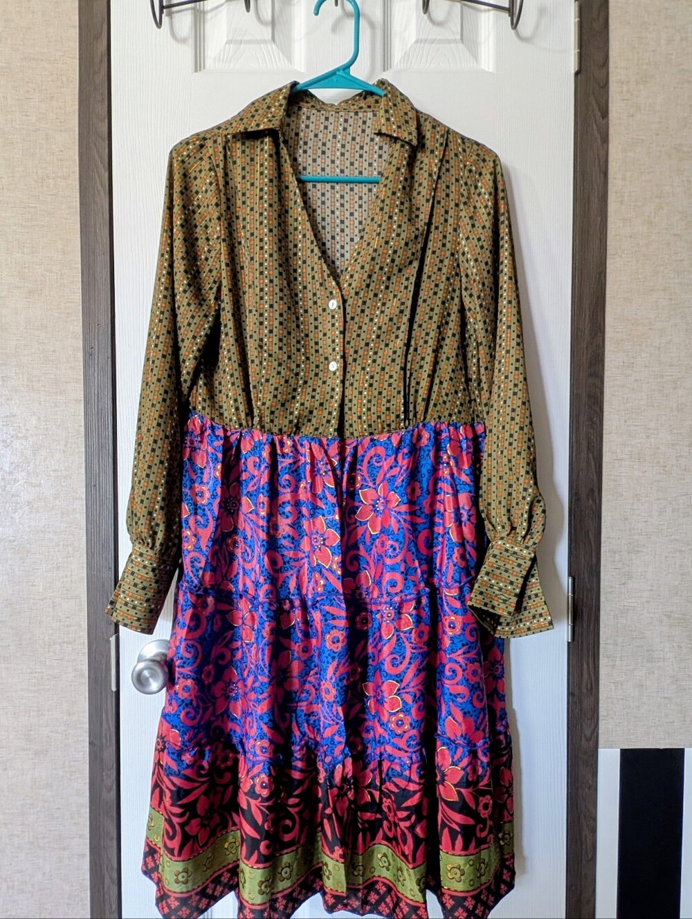 OOAK Handmade Boho Mixed Print Tiered Midi Dress Long Sleeve Geometric